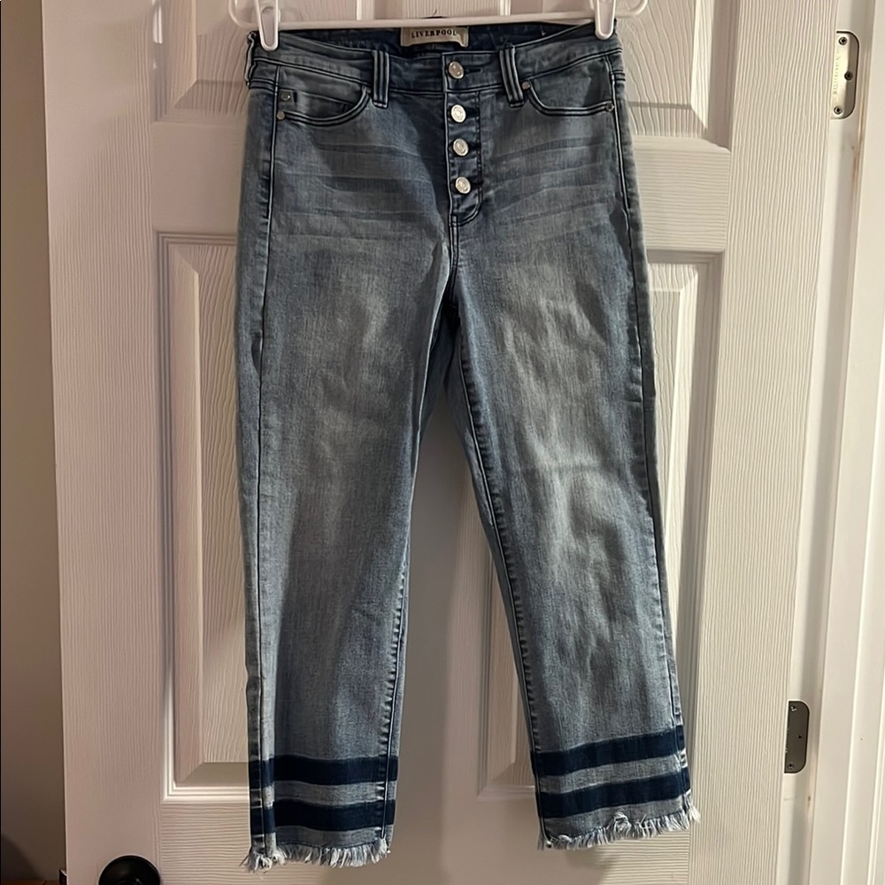 Liverpool Light Blue Cropped Button-Fly Jeans with Striped Hem